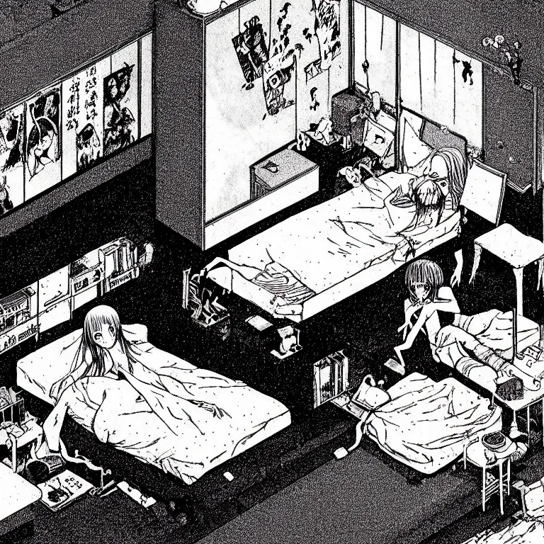 Prompt: cursed illustration of beautifully ominous creepy sleep paralysis demon observing sleeping teenager inside 1 9 8 0's cluttered bedroom. manga style of junji ito, kentaro mirua, weirdcore, octane render