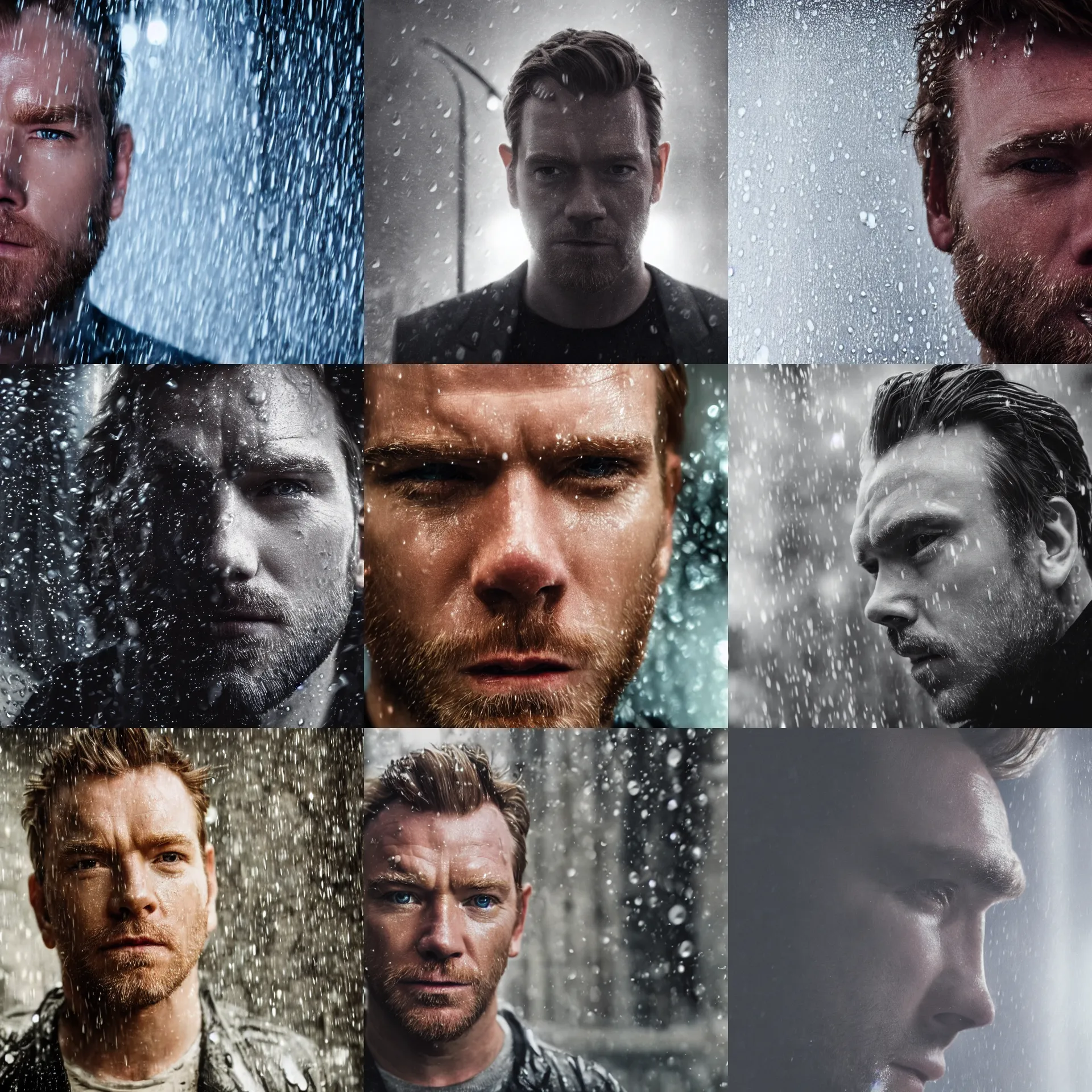 Prompt: Film still close up of a man's head similar to Ewan McGregor, crying under the rain, puddles of water reflecting street lamp lighting, dramatic scene, cinematic scene, ambient lighting, focus, UHD, octane render, Unreal Engine, hyperrealism