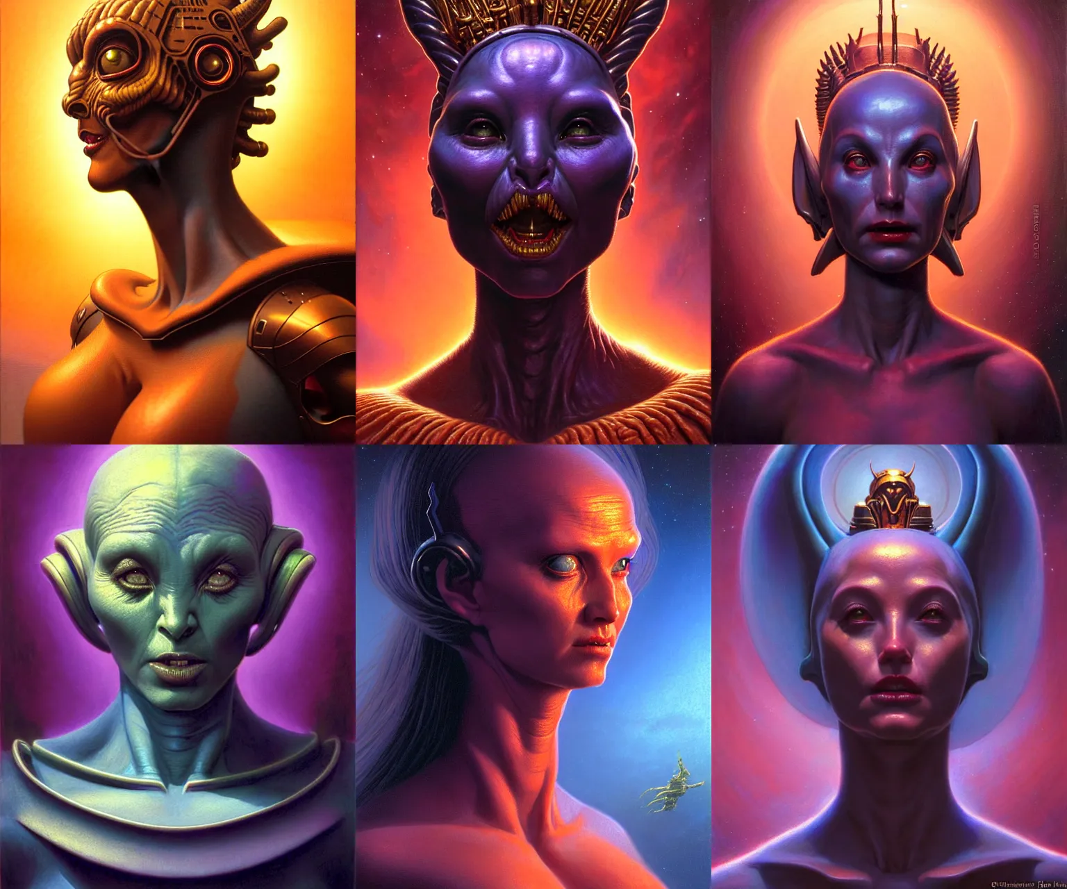 Prompt: cinematic bust portrait of cute female extraterrestrial queen, head and chest only, exotic alien features, Tim Hildebrandt, Wayne Barlowe, Bruce Pennington, donato giancola, ralph horsley, oil on canvas, masterpiece, trending on artstation, featured on pixiv, cinematic composition, dramatic pose, beautiful lighting, sharp, details, hyper-detailed, HD, HDR, 4K, 8K