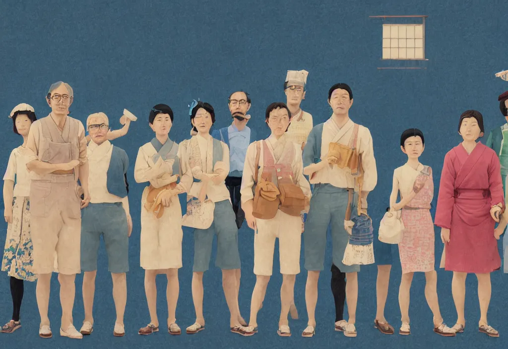 Image similar to full body portrait of a group, a row of a several european tourists standing with a variety of poses and props, several character designs, rural japan, a detailed painting, in the style of wes anderson, lola dupre, david hockney, isolated on negative white space background dark monochrome neon spraypaint accents volumetric octane render