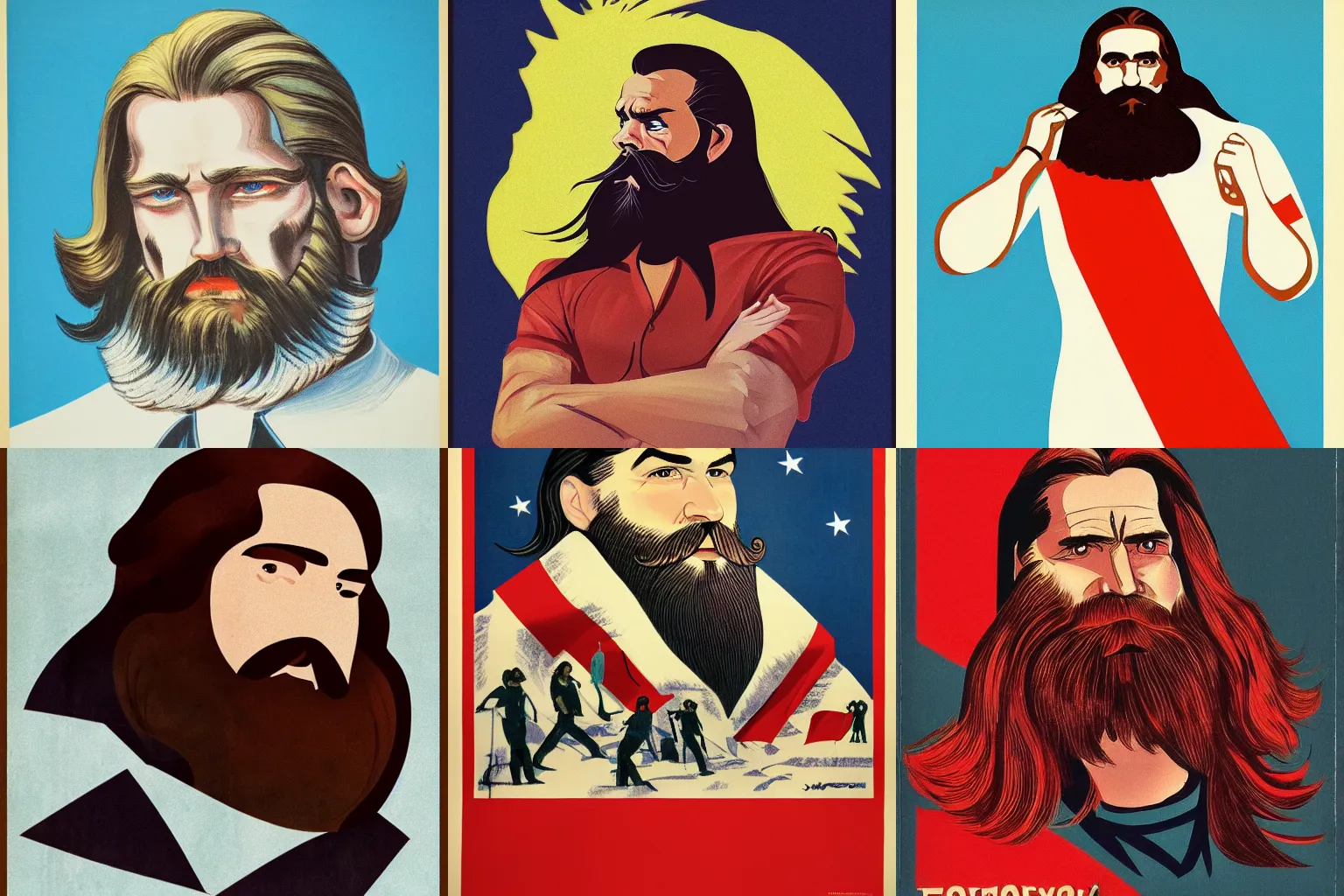 Prompt: soviet era propaganda of man with long hair and medium beard. featured on artstation