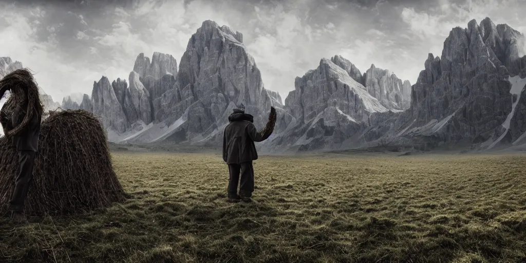 Image similar to alpine farmer transforming into a monster ,roots and hay coat, dolomites in background, dark, eerie, despair, portrait photography, artstation, highly detailed, sharp focus, by cronneberg