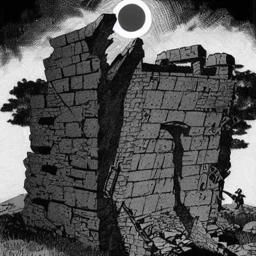 Image similar to A sun rising over a collapsed stone tower, with a looming shadow. Dark Fantasy, Film Noir, Black and White. High Contrast, Mike Mignola, D&D, OSR