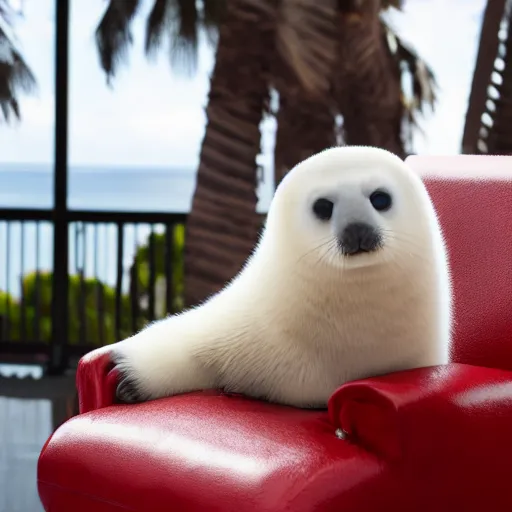 Image similar to a baby harp seal holding a box marked top secret in red letters, sitting on a beautiful leather chair at a luxury resort, palm trees outside the windows, panasonic, photo, gentle bokeh