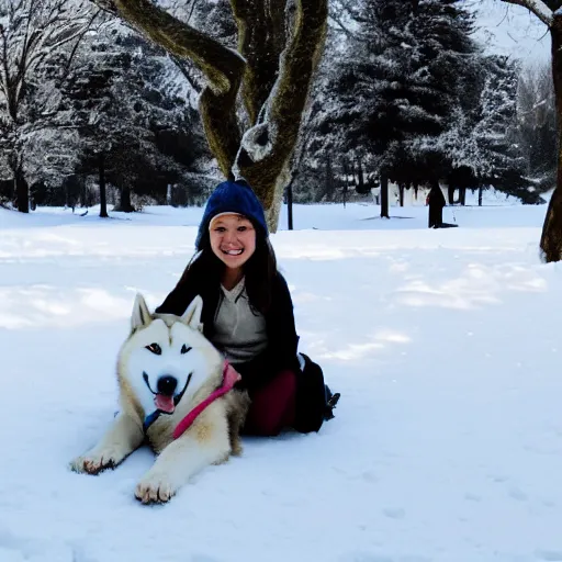 Prompt: girl riding a giant husky in a snowy park