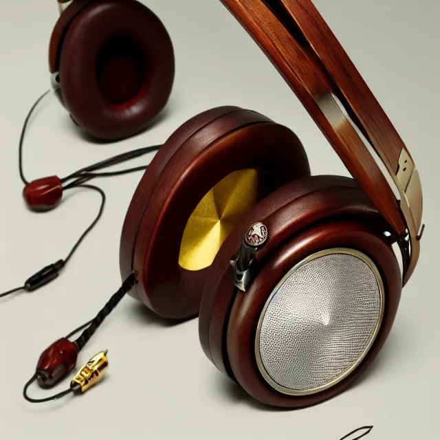 Image similar to masterpiece photo of beautiful hand crafted artistic metal headphones, bismuth rainbow metal, bismuth cups, plush leather pads, displayed on mahogany desk, modernist headphones, bismuth beautiful well designed, hyperrealistic, audiophile, intricate hyper detail, extreme high quality, photographic, audeze, sennheiser, raal, bang olufsen, abyssal