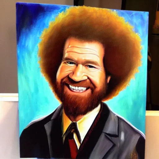 Prompt: bob ross in the process of painting a portrait of bob ross, by bob ross trending on artstation