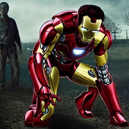 Image similar to Iron Man as a zombie in walking dead 4K quality photo realistic