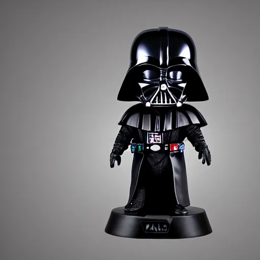 Image similar to artstation darth vader bobble head, small but (fierce) funny, placed on a shelf in a collector's mirrored highly polished display with other figures, very detailed, high contrast, funny, pop, pop art, unreal engine 5