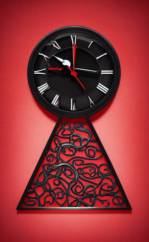 Image similar to a melting Roman numeral clock, behind a red and black gradient background, awith a black heart shaped on the top left corner and a black diamond card shape in the bottom right corner, dynamic lighting, photorealistic fantasy concept art, trending on art station, stunning visuals, cinematic, creative, ultra detailed