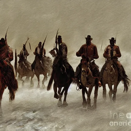 Image similar to digital art photograph savage plains indians on the warpath riding horses through a creek in a snow storm