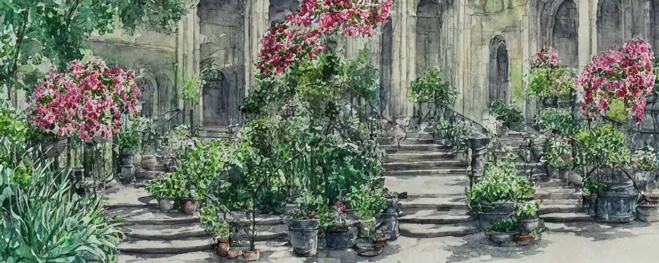 Image similar to isomeric view, stairway, chairs, delicate water in a botanic garden, garden road, sparrows, temple in a botanical herbarium paper, watercolor colored painting, iridescent colors, 8 k, realistic shaded, fine details, artstation, italian style, colonnade, huge flowers, architecture