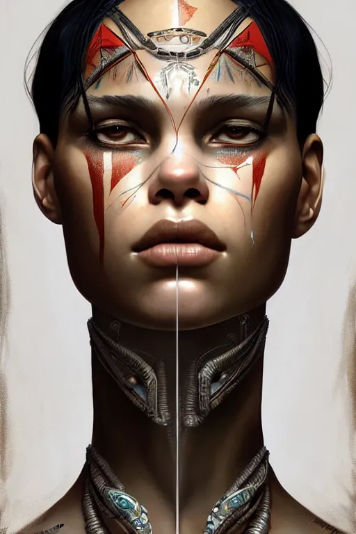 Image similar to symmetry!! portrait of zoe kravitz in the style of god of war, machine parts embedded into face, intricate, elegant, highly detailed, digital painting, artstation, concept art, smooth, sharp focus, illustration, art by artgerm and greg rutkowski and alphonse mucha, 8 k