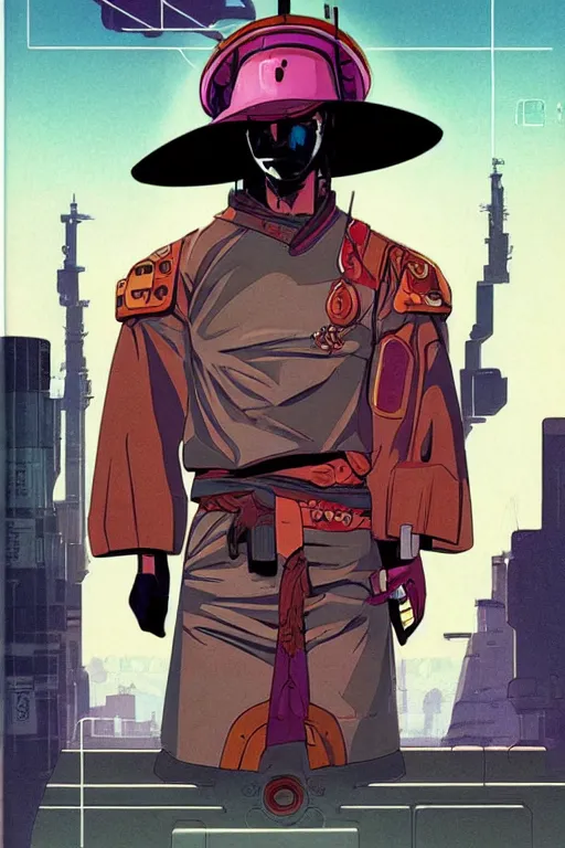 Prompt: 1 9 7 9 omni magazine cover of neo in a samurai hat. piercing gaze. simple stylized cyberpunk photo by josan gonzalez.