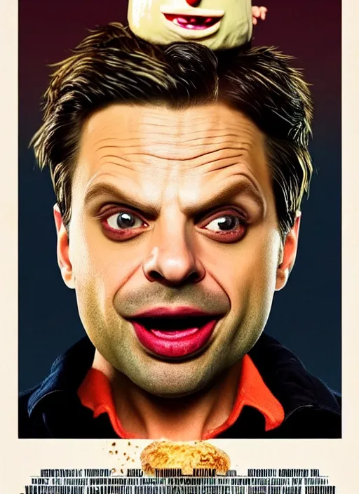 Prompt: highly detailed comedy caper movie poster with zany silly wacky sebastian stan as a sentient flan puddihg, sebastian stan face made from flan pudding by greg rutkowski, masterpiece, 1 0 / 1 0