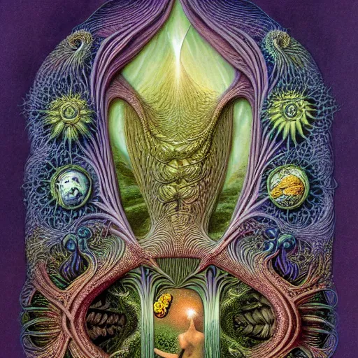 Prompt: pagan tarot card border art details by roger dean and andrew ferez, art forms of nature by ernst haeckel, divine chaos engine, symbolist, visionary, art nouveau, botanical fractal structures, organic, detailed, realistic, surreality