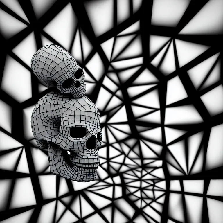 Image similar to black and white light 3D geometry, skull, matte bright highly detailed, poetic, 3D render, digital art, octane render, 8K artistic photography, photo-realistic, by Dora Maar