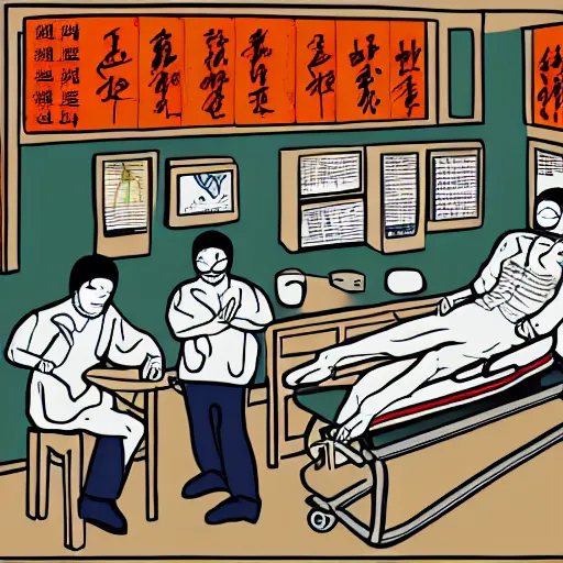 Image similar to chinese surgeons at an operating table, in the style of daniel johnston and outsider art, 8k, line brush, minimal, overlaid with chinese caligraphy