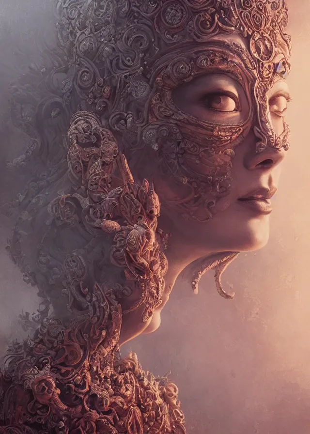 Prompt: woman portrait, face, foreground, singular, volumetric, wearing a carved half mask with mineral incrustations, godness like vishnu, ethereal, evil, elements, baroque, rococo, ink, tarot card enviromet, cinematics lights, detailed, intricate illustration, octane render, fractal, fine art by marc simonetti & peter mohrbacher