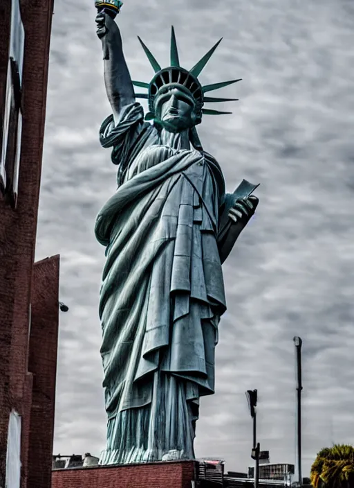 Prompt: giant monster with the face of the statue of liberty walking behind buildings