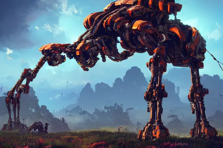 Image similar to tallneck machine mecanical creature robot of horizon forbidden west horizon zero dawn bioluminiscence global illumination ray tracing hdr fanart arstation by ian pesty and alena aenami artworks in 4 k