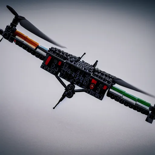 Prompt: military drone made of lego, toy, high resolution photo