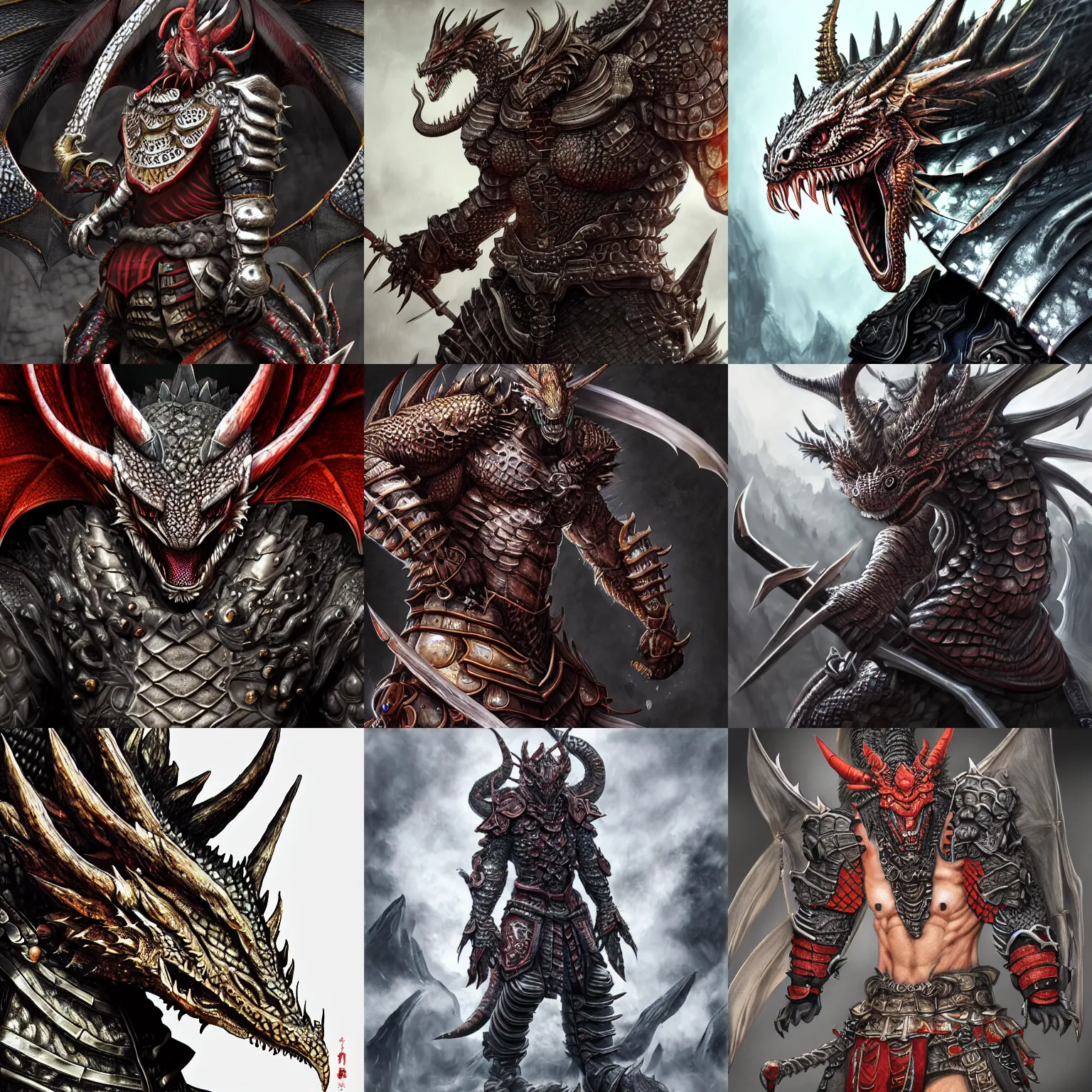 Image similar to realistic detailed semirealism dragon man wearing samurai armor. Dragon_character, dragon_beast, detailed scales, black_scales, reptile, dark armor 獣, FFXIV, iconic character splash art, Detailed textures, detailed metal textures, 4K high resolution quality artstyle professional artists WLOP, Aztodio, Taejune Kim, Guweiz, Pixiv, Instagram, Artstation