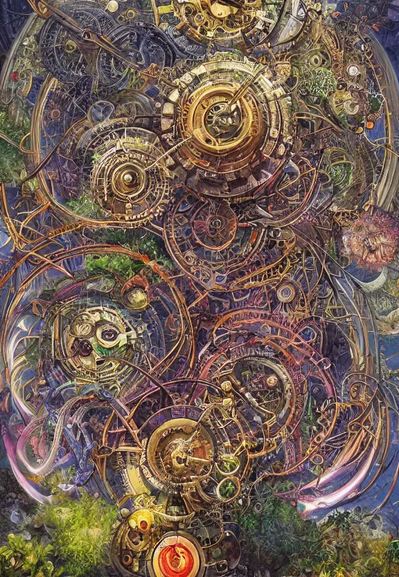 Image similar to simplicity, elegant, muscular eldritch clockwork, machinery, industry, radiating, colorful mandala, psychedelic, overgrown garden environment, by ryan stegman and esao andrews and maria sibylla merian eugene delacroix, gustave dore, thomas moran, pop art, street art, graffiti, saturated