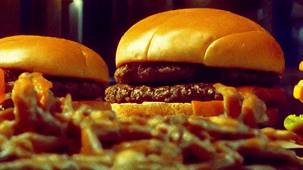 Image similar to the garbly cheeseburger creature at the fast food place, film still from the movie directed by denis villeneuve and david cronenberg with art direction by salvador dali and zdzisław beksinski, wide lens