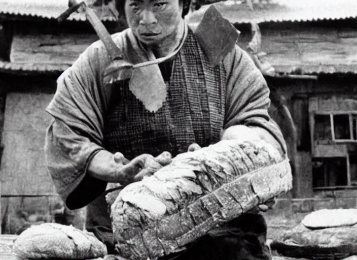 Image similar to a movie still of a samurai slicing a loaf of bread, a movie by Akira Kurosawa