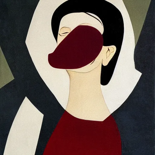 Image similar to cubistic illustration, close-up of an asian nurse with a piercing gaze drinking red wine, masterpiece, painted by Gottfried Helnwein in style of Albert Gleizes