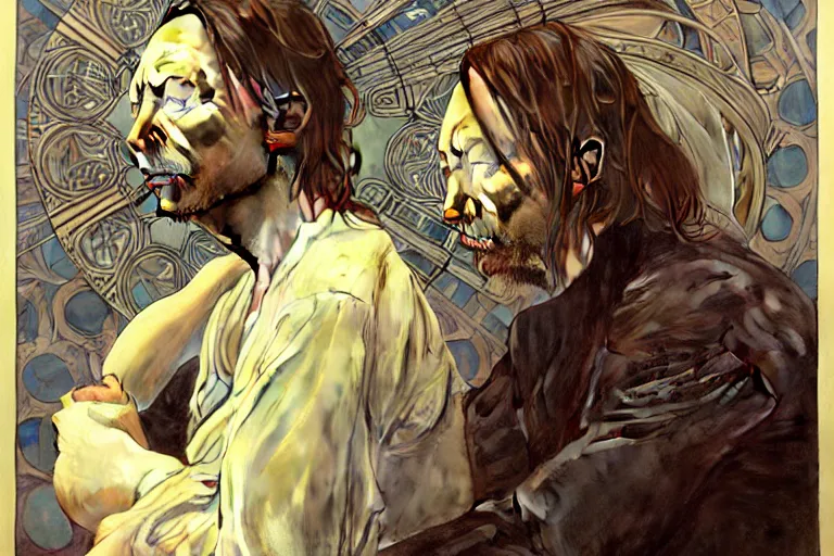 Image similar to hyper realistic portrait of thom yorke singer songwriter, side, liminal space, by lee bermejo, alphonse mucha and greg rutkowski