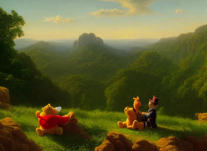 Image similar to american realist romanticism landscape painting of winnie the pooh characters in the style of hudson river school and thomas cole and albert bierstadt and robert duncanson