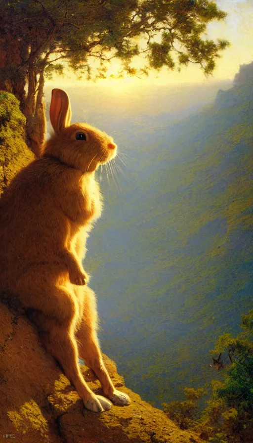 Image similar to hyper realistic rabbit looking off of a cliff, sun setting behind rabbit, lush forest in valley below, painted by gaston bussiere, craig mullins, j. c. leyendecker 8 k