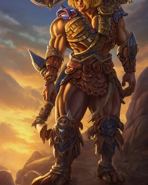 Image similar to He-Man!!!!!, close up, ghibli!! ,sci fi,fantasy, intricate, german iron cross chest armor ,elegant, loin cloth ,highly detailed, oil painting, artstation, concept art, matte, sharp focus, illustration, dramatic, sunset,hearthstone, art by Artgerm and Greg Rutkowski and Alphonse Mucha
