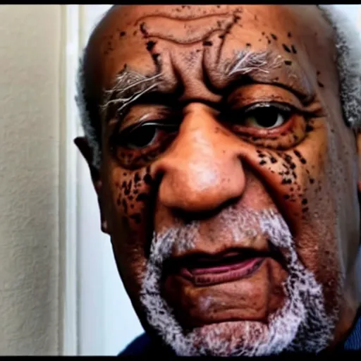 Prompt: screenshot of a video containing a close up face of Bill Cosby on a Doorbell, creepy, scary, black and white, very scary, horror, super scary, very creepy, so creepy