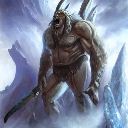 Prompt: north mythology concept art painting of ice gigant ymir the ancestor of all giants by james gurney, trending on artstation, detailed