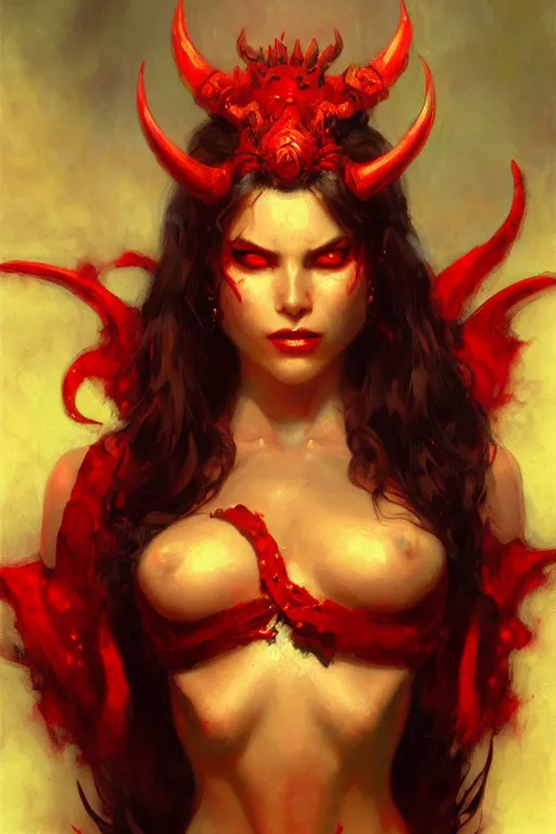 Prompt: attractive demon queen with red eyes painting by gaston bussiere, craig mullins, luis rollo, torso portrait, digital painting, highly detailed, artstation, sharp focus, illustration, concept art