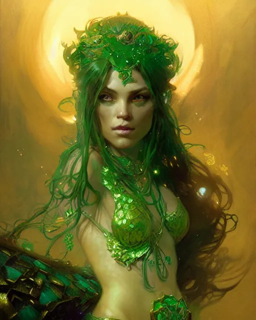 Image similar to emerald enchantress, fantasy character portrait, ultra realistic, concept art, intricate details, highly detailed by greg rutkowski, gaston bussiere, craig mullins, simon bisley, alphonso mucha