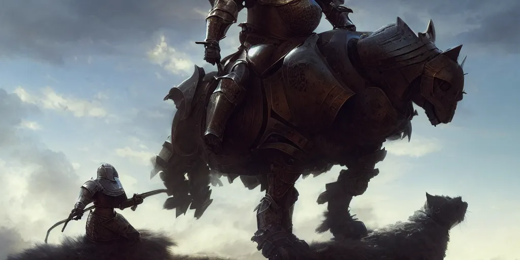 Prompt: an armored knight riding on a big fluffy cat, digital art, landscape, fantasy art, octane render, unreal engine, high detail, very realistic, by greg rutkowski. by james gurney