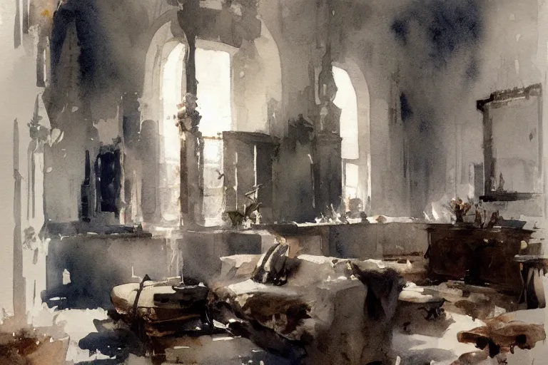 Prompt: abstract watercolor painting of hedonic scandinavian king house interior, in stone, low ceiling, magical and traditional, cinematic light, national romanticism by anders zorn, by greg rutkowski, by greg manchess