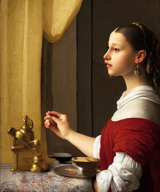 Image similar to a highly detailed, beautifully lit close portrait of a pretty, 1 4 year old alicia vikander resting her head on a table by an open window, oil painting portrait by vermeer and bouguereau and waterhouse