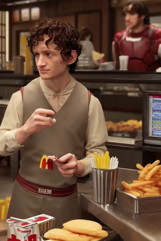 Image similar to film still of frodo working at mcdonalds in the new avengers movie, oil on canvas, intricate, 8 k highly professionally detailed, hdr, cgsociety