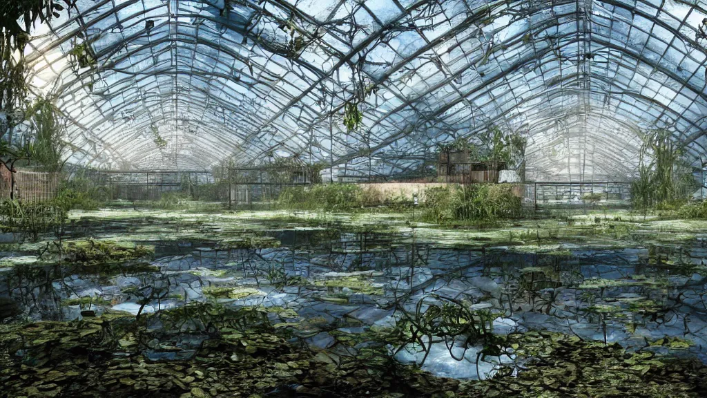 Image similar to exploring an abandoned flooded greenhouse, submerged in lake with aquatic life, hyperrealistic, ambient lighting highly detailed, 4 k hd