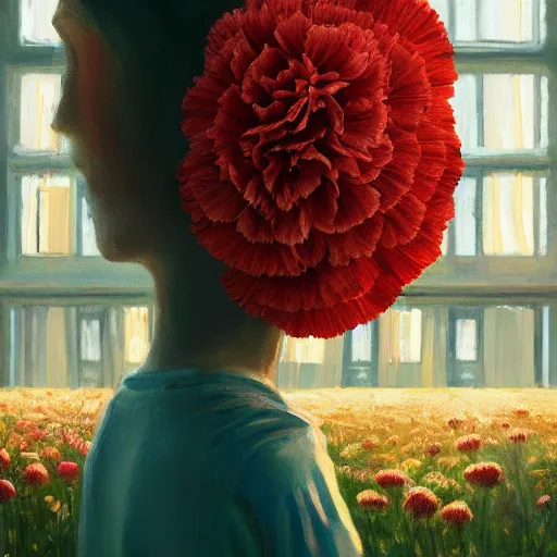 Image similar to giant carnation flower head, woman standing next to modern window in luxury loft, surreal photography, sunlight, impressionist painting, digital painting, artstation, simon stalenhag