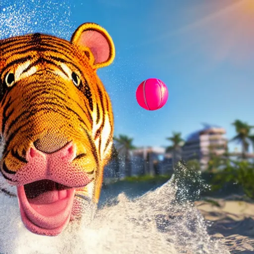 Prompt: a closeup photorealistic photograph of a cute smiling knitted tiger hippopotamus splashing towards a beachball at sunset. surf in background. professional capture. brightly lit scene. this 4 k hd image is trending on artstation, featured on behance, well - rendered, extra crisp, features intricate detail, epic composition and the style of unreal engine.