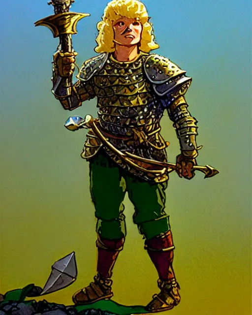 Image similar to beverly toegold the fifth, epic level dnd male halfling verdant paladin of the ancients and green teen, wielding a golden holy sword, wearing magical gleaming chainmail armor. full character concept art, realistic, high detail digital gouache painting by angus mcbride and michael whelan and moebius