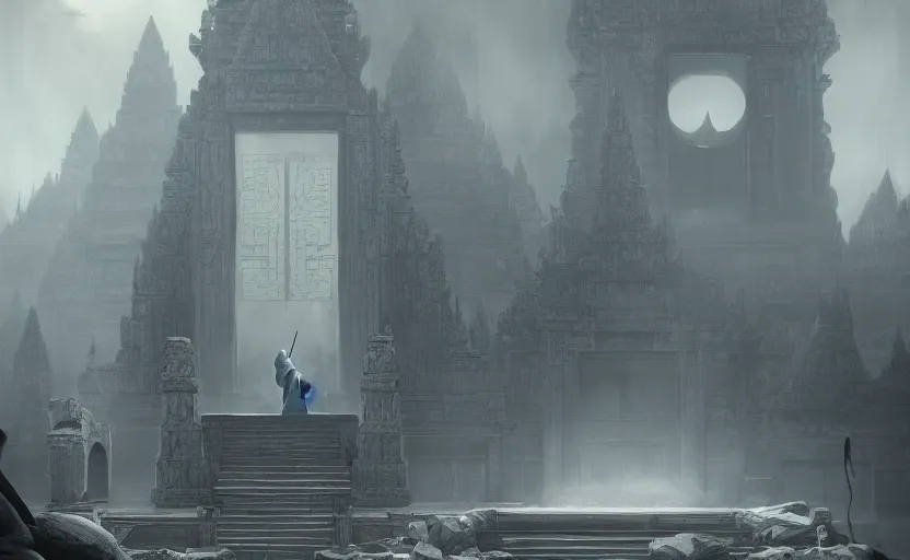 Prompt: the grim reaper at a dark khmer temple, soft grey and blue natural light, intricate, digital painting, artstation, concept art, smooth, sharp focus, illustration, art by greg rutkowski and luis rollo and uang guangjian and gil elvgren, symmetry!