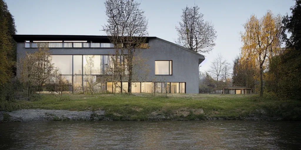 Image similar to a house by the river rhein close to mumpf designed by peter zumthor, beautiful ambient light, silver hour