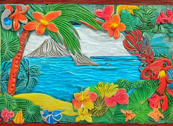 Image similar to colorized stylized bas relief sculpture of a tropical paradise in mexico folk art style